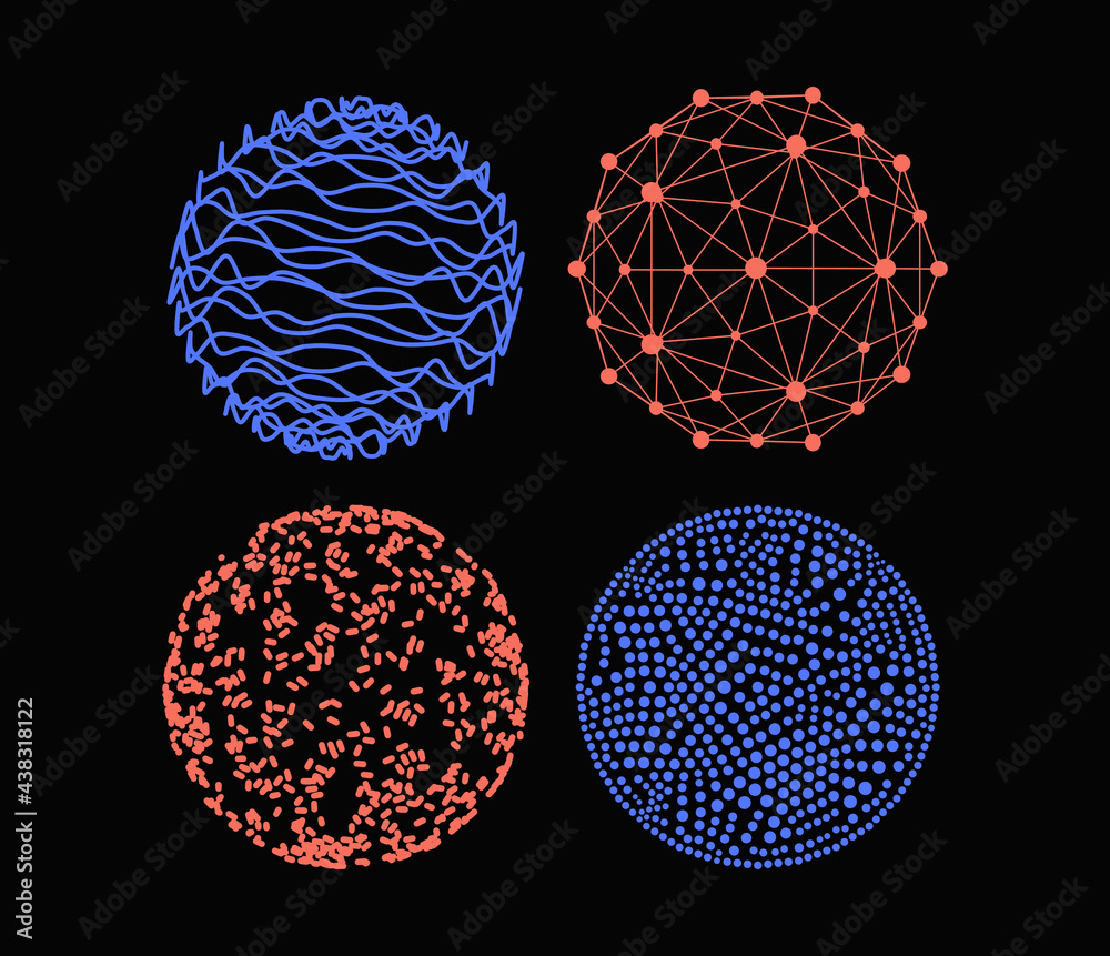 Spheres with dots, lines, particles and twist lines. Abstract design elements. Modern art graphics. Technology concept. Vector for cover, banner, brochure, poster or flyer. Spheres with dots, lines, particles and twist lines. Abstract design elements. Modern art graphics. Technology concept. Vector for cover, banner, brochure, poster or flyer.