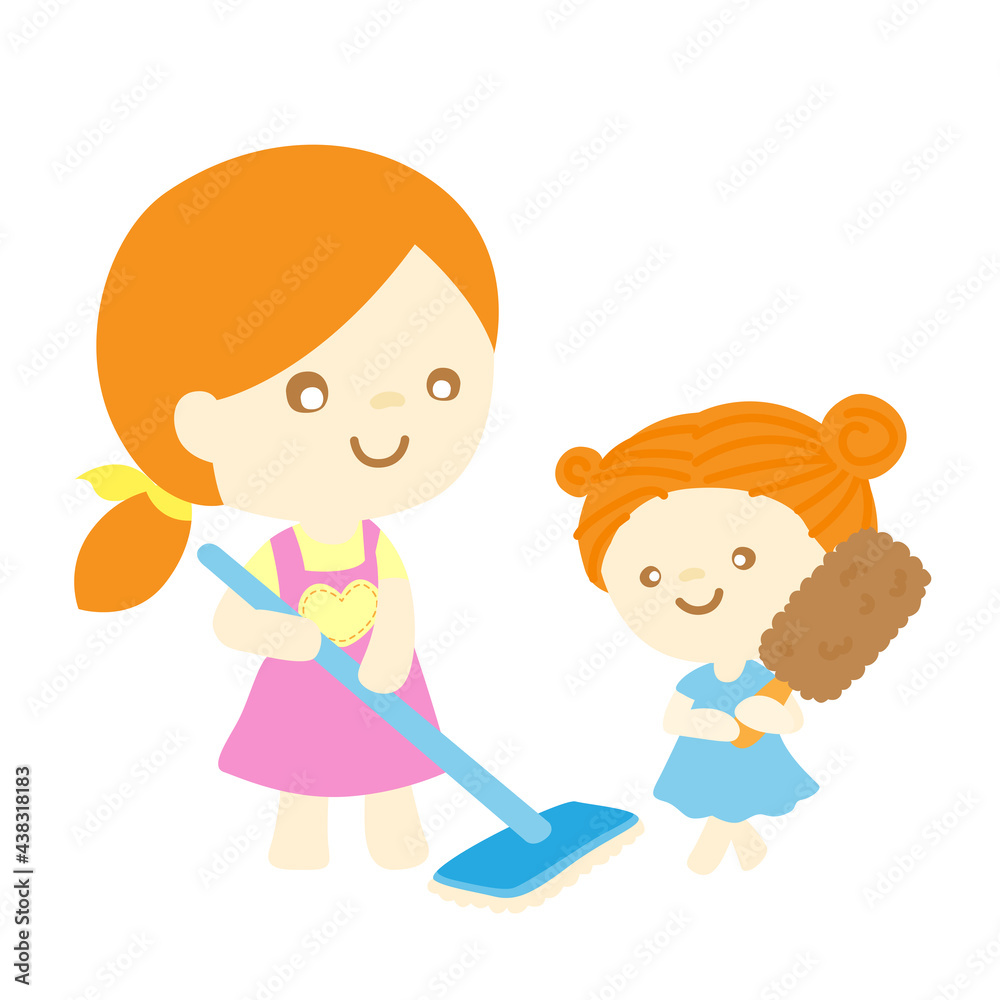 Stay at Home Family cleaning house. mother and kid cleaning living room together. vector illustration Stay at Home Family cleaning house. mother and kid cleaning living room together. vector illustration
