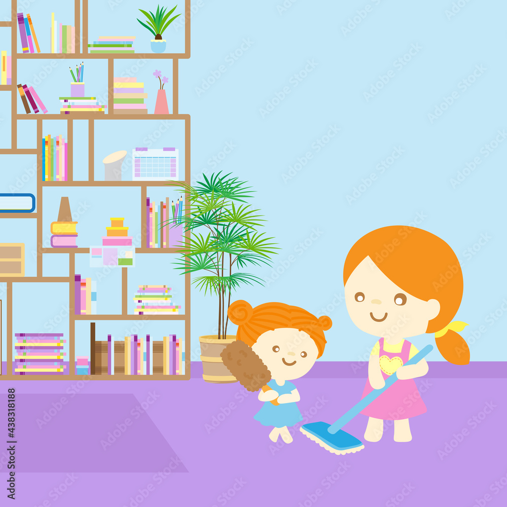 Stay at Home Family cleaning house. mother and kid cleaning living room together. vector illustration