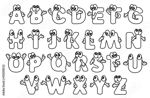 Funny Character alphabet lettering text. Capital Letter English ABC black contour