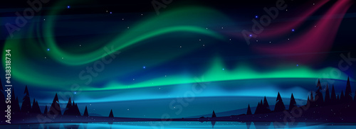 Arctic aurora borealis over night lake in starry sky, polar lights natural landscape. Northern amazing iridescent glowing wavy illumination shining above water surface, Cartoon vector illustration