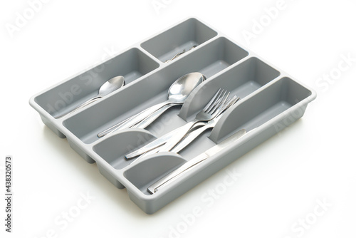 Kitchen box with cutlery for spoons, forks, knifes isolated on white background
