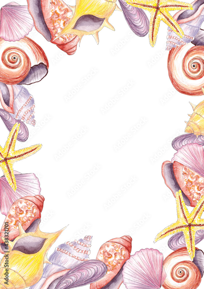 Obraz premium Hand drawn watercolor frame with exotic sea shell. Ocean wildlife