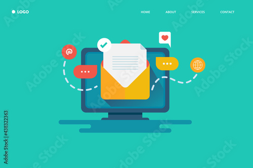 Advertising campaign with email promotion strategy, reaching new audience with email ads, business development, lead generation and customer retention with message communication concept.