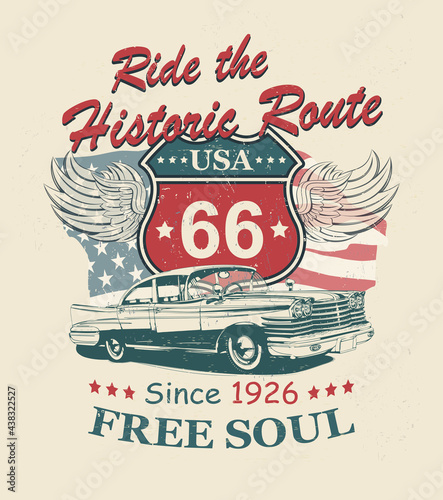 Route 66 typography for t-shirt print with sign route 66 and retro car.Vintage poster.