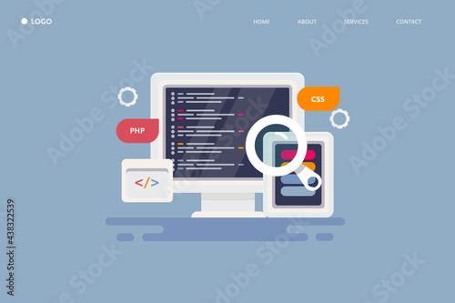 Web development - coding programming software application mobile app, digital technology interface, coding skill concept. Flat design web banner template.