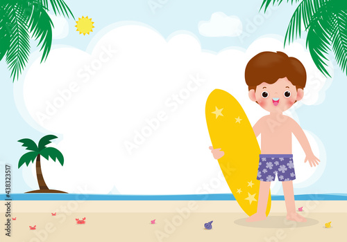 summer time and cute surfer asian children character with surfboard on beach. Happy young surfer on the crest wave, flat vector illustration isolated on background