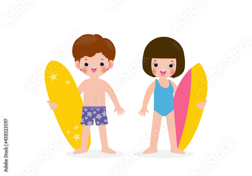 summer time and set of cute surfer asian children character with surfboard on beach. Happy young surfer on the crest wave, flat vector illustration isolated on white background