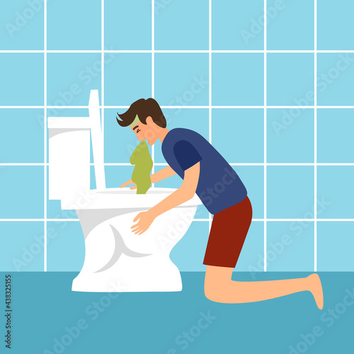 Man suffering from vomit in toilet vector illustration. Nausea throwing up from food poisoning or drunk.
