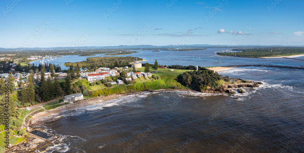 Aerial panoramic view of Yamba, a tourist destination in northern New South Wales, Australia