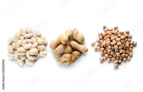 Different legumes on white background