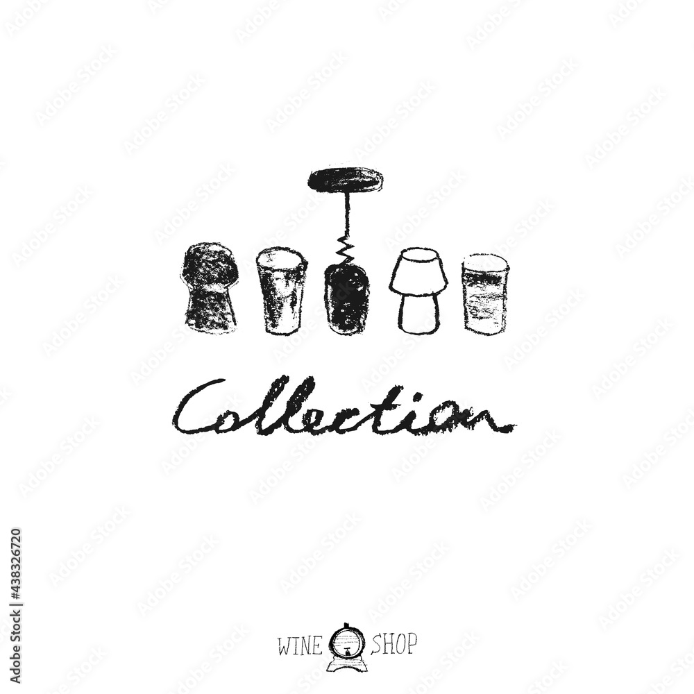 Wine cork illustrations with crayon texture. Wine corkscrew illustration vector. Wine-shop icon. Chalkboard texture. Wine stopper and for emblem vineyard, biodynamic wines, grape festival, bar sign. Wine cork illustrations with crayon texture. Wine corkscrew illustration vector. Wine-shop icon. Chalkboard texture. Wine stopper and for emblem vineyard, biodynamic wines, grape festival, bar sign.