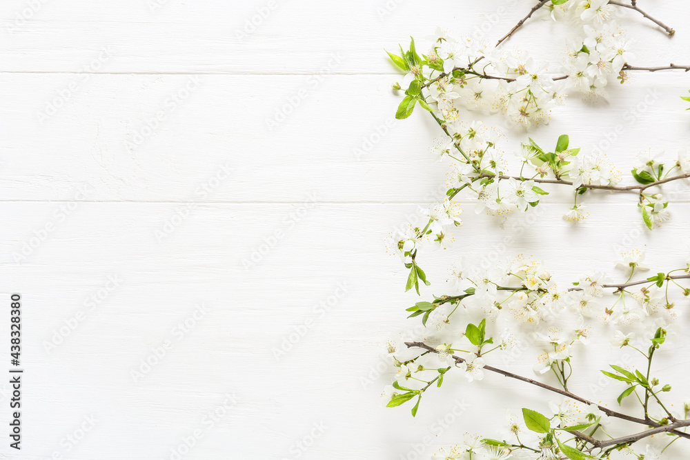 Fototapeta premium Beautiful blooming branches on light wooden background