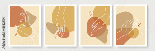 Mystic boho doodle set. Magic simple line logo icons with hands, crystals, moon, sun, stars. Bohemian posters, modern vector illustration