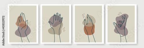 Mystic boho doodle set. Magic simple line logo icons with hands, crystals, moon, sun, stars. Bohemian posters, modern vector illustration