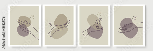 Mystic boho doodle set. Magic simple line logo icons with hands, crystals, moon, sun, stars. Bohemian posters, modern vector illustration