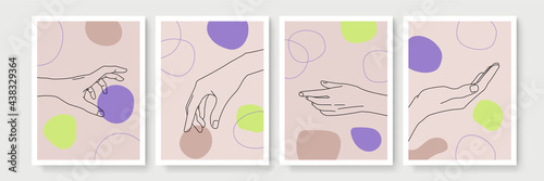 Mystic boho doodle set. Magic simple line logo icons with hands, crystals, moon, sun, stars. Bohemian posters, modern vector illustration