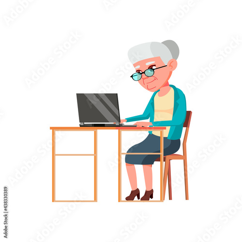 mature age woman buy online goods on laptop cartoon vector. mature age woman buy online goods on laptop character. isolated flat cartoon illustration
