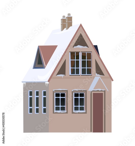Country house. Winter season. Attic. The roof is covered with snow. Gable roof outbuilding. Nice and cozy suburban private home. Flat cartoon style. Vector art