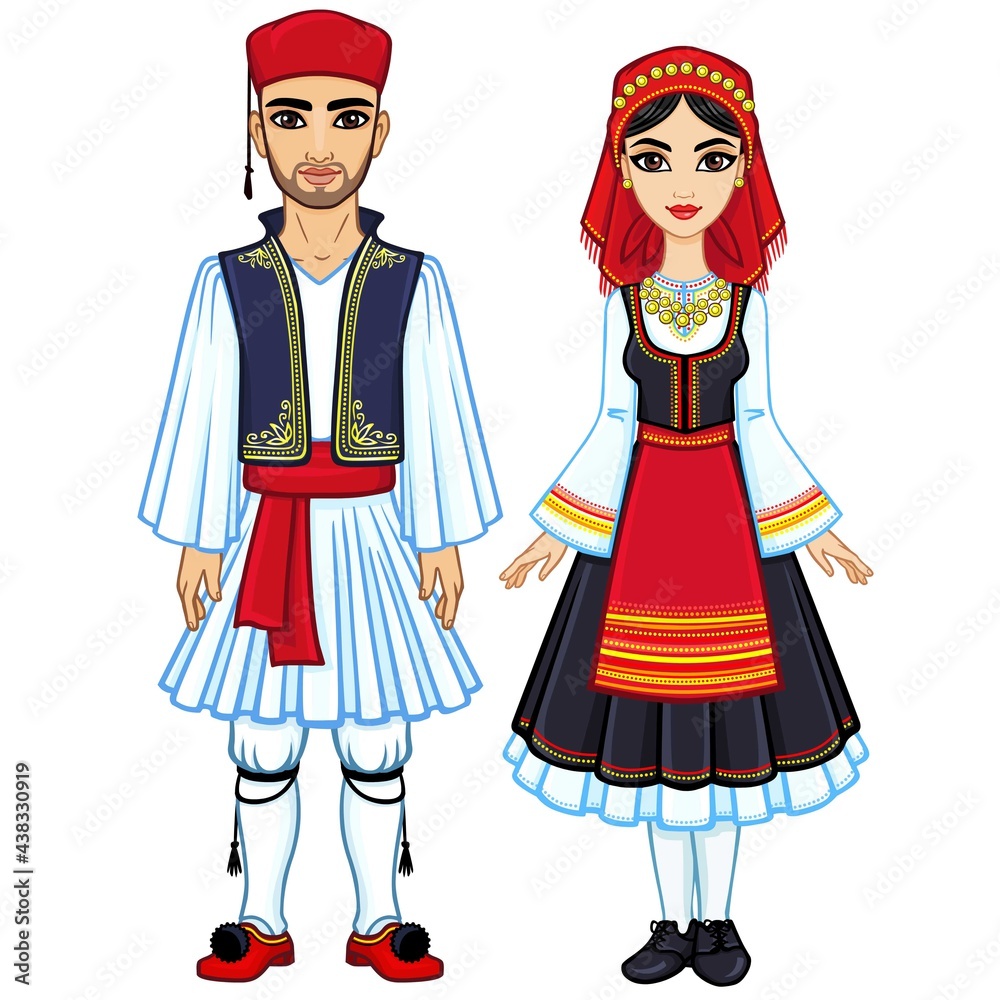 Animation portrait of a family in ancient Greek clothes. Full growth. The vector illustration isolated on a white background.