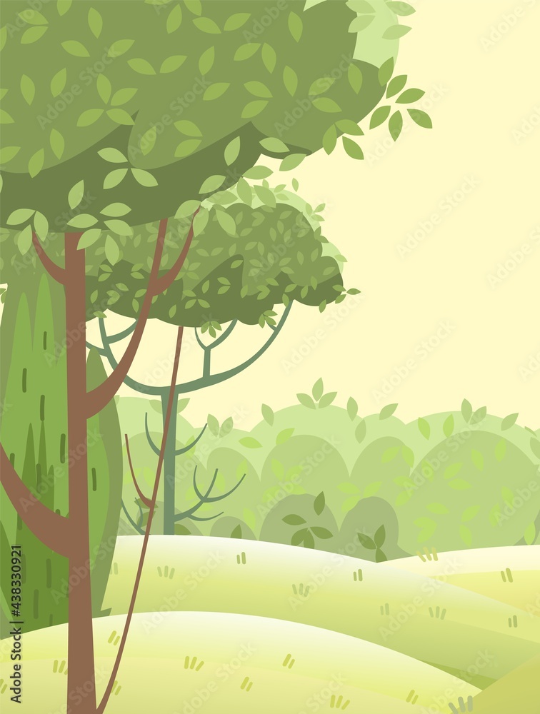 Fototapeta premium Amusing beautiful forest landscape. Cartoon style. Grass hills. Distant horizon. Rural natural look. Cool romantic pretty. Flat design illustration. Vector art