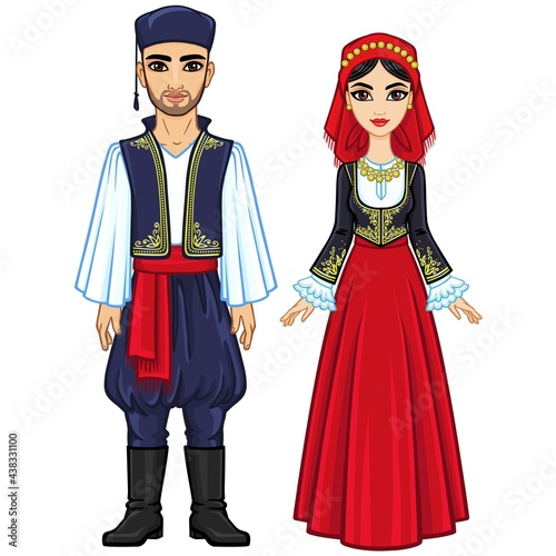 Animation portrait of a family in ancient Greek clothes. Full growth. Background - a sea landscape, mountains, the old city port. Vector illustration.