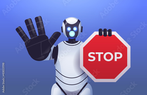robot cyborg holding red stop sign robotic character showing no entry hand gesture artificial intelligence