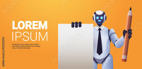 robot cyborg holding notepad and pencil robotic character artificial intelligence technology concept