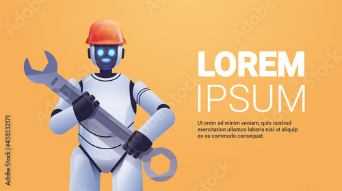 modern robot in helmet holding wrench repair service artificial intelligence concept horizontal