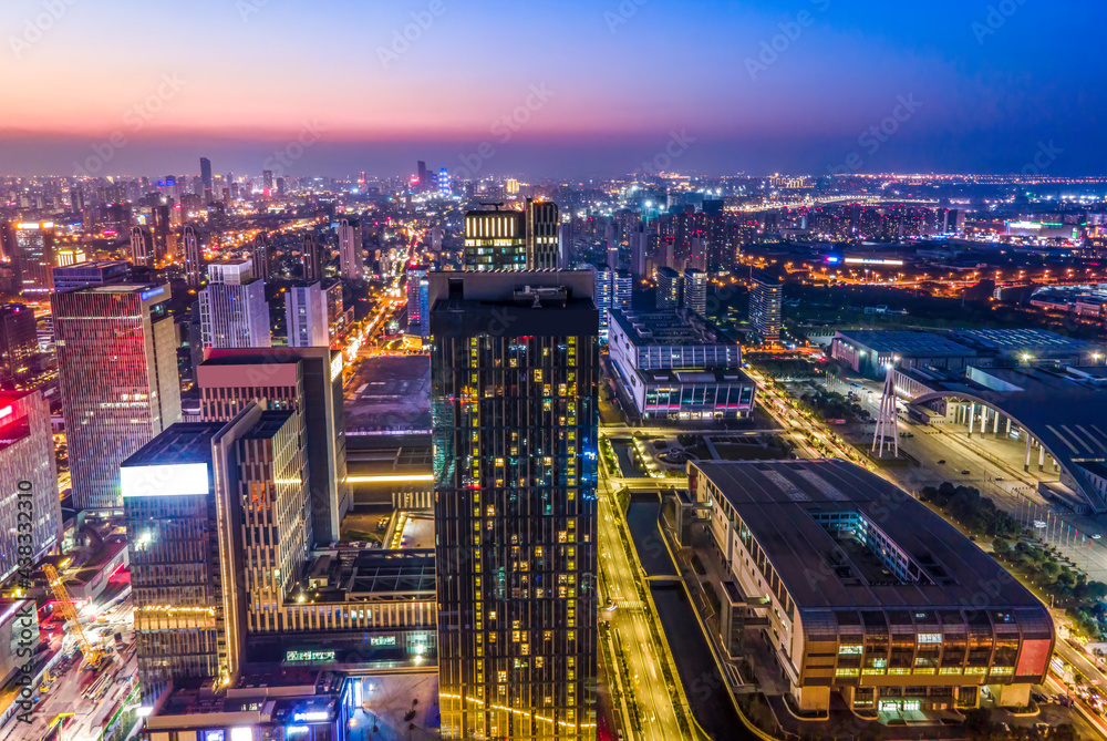 Obraz premium Aerial photography of the night view of the urban architecture skyline of Ningbo, Zhejiang