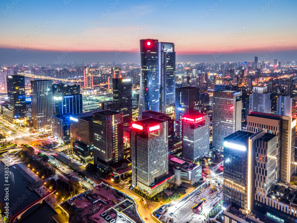 Fototapeta premium Aerial photography of the night view of the urban architecture skyline of Ningbo, Zhejiang