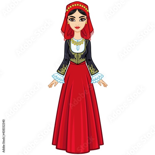 Animation portrait of the young girl in the Greek suit. Full growth. The vector illustration isolated on a white background.