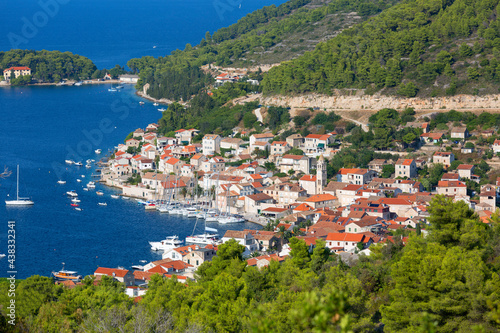 Aerial view on city on the Adriatic Sea, typical Mediterranean architecture, Vis, Vis Island, Croatia