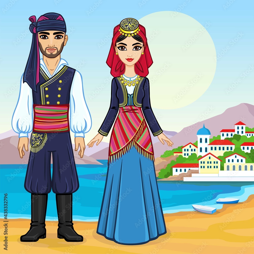 Animation portrait of a family in ancient Greek clothes. Full growth. Background - a sea landscape, mountains, the old city port. Vector illustration.