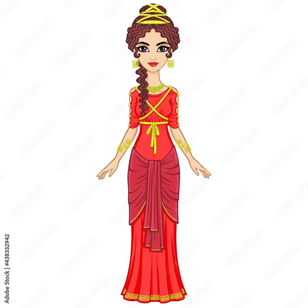 Portrait of the animation woman in  ancient Greek dress. Full growth. Vector illustration isolated on a white background. 