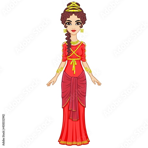 Portrait of the animation woman in ancient Greek dress. Full growth. Vector illustration isolated on a white background. 