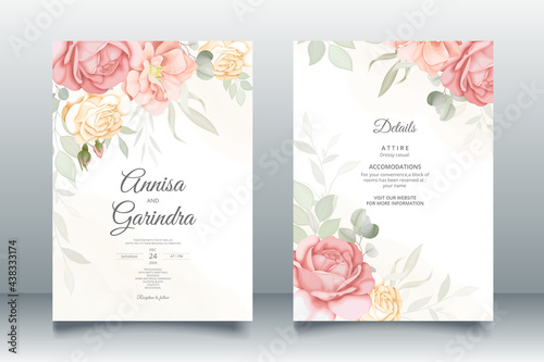 Beautiful floral frame wedding invitation card template Premium Vector