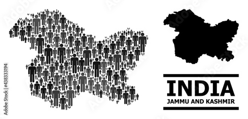 Map of Jammu and Kashmir State for social proclamations. Vector population collage. Collage map of Jammu and Kashmir State created of population elements. Demographic scheme in dark grey color hues.