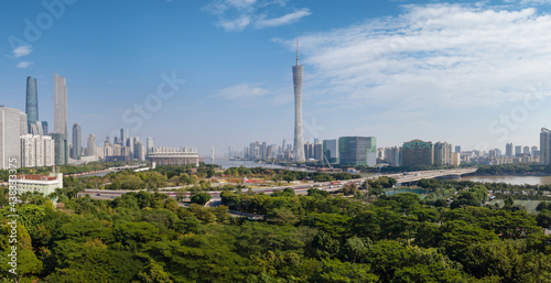 Aerial photography of urban architectural landscape along the Pearl River in Guangzhou