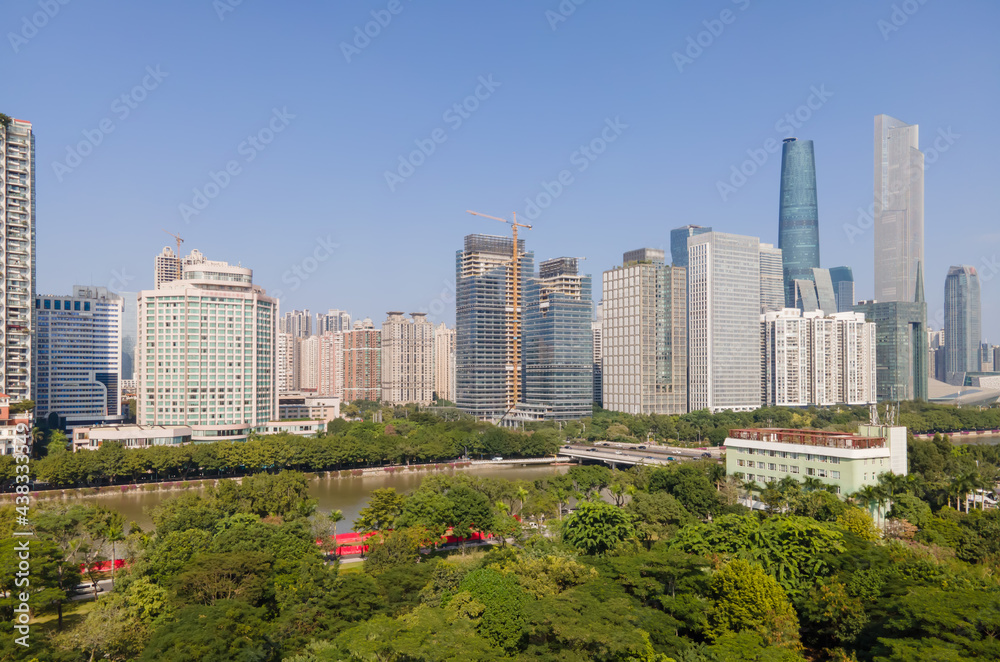 Aerial photography of urban architectural landscape along the Pearl River in Guangzhou