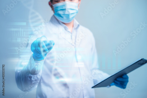Doctor holding a documet and touch on technological digital futuristic HUD interface. Innovative in science and medicine concept.