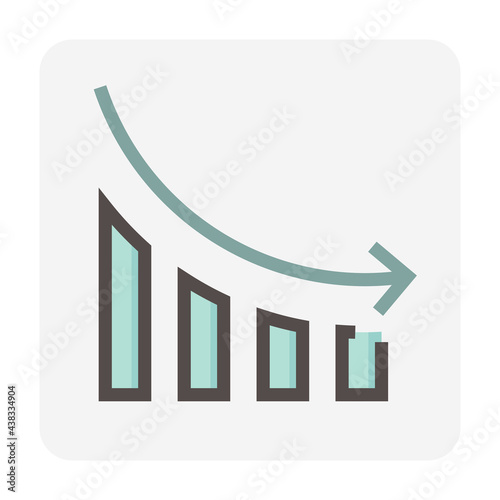 Bar chart or bar graph decreasing vector icon with drop down arrow. Statistical data of stock, financial in business to loss, negative, decline or crisis. Graphic  for report, presentation. 48x48 px.
