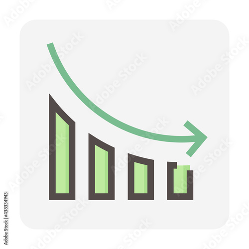 Bar chart or bar graph decreasing vector icon with drop down arrow. Statistical data of stock, financial in business to loss, negative, decline or crisis. Graphic  for report, presentation. 48x48 px.
