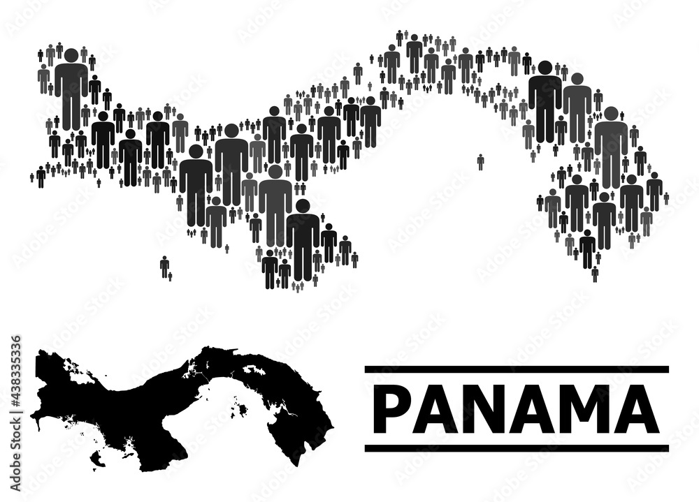 Map of Panama for political posters. Vector population abstraction. Composition map of Panama designed of population items. Demographic concept in dark gray color variations. Map of Panama for political posters. Vector population abstraction. Composition map of Panama designed of population items. Demographic concept in dark gray color variations.