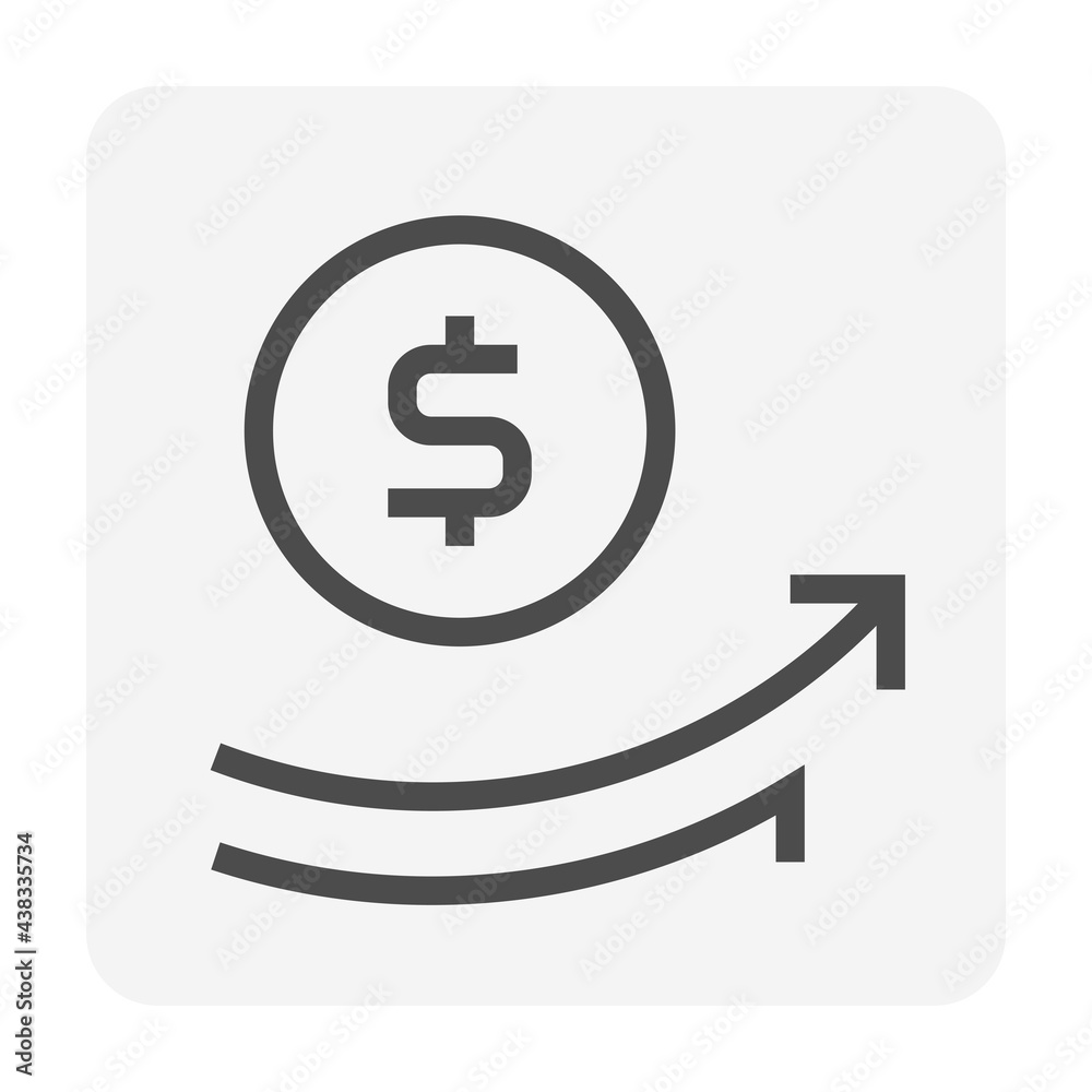 Money coin increase vector design. That icon, sign or symbol. Consist of round or circle coin, dollars currency sign and grow up arrow. Growth concept for financial, economy, stock or salary. 48x48 px