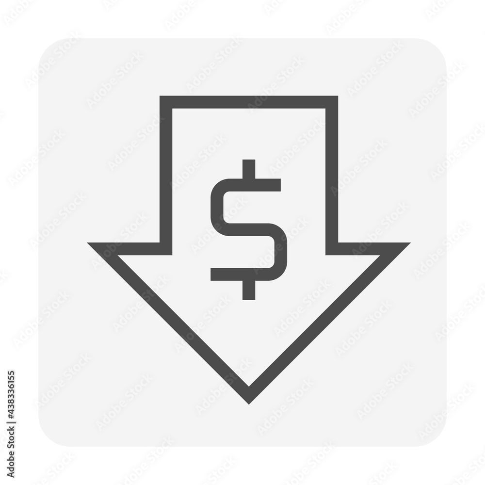 Money value decrease vector design. That icon, sign or symbol of dollar and big drop down arrow for business, economy and finance concept to reduce of profit, data, market price or income. 48x48 px.
Money value decrease vector design. That icon, sign or symbol of dollar and big drop down arrow for business, economy and finance concept to reduce of profit, data, market price or income. 48x48 px.