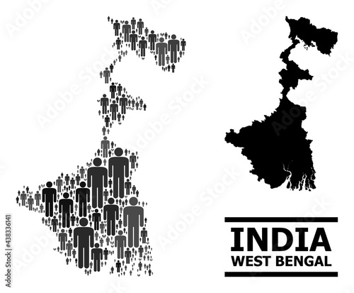 Map of West Bengal State for political agitprop. Vector population abstraction. Abstraction map of West Bengal State organized of population elements. Demographic scheme in dark gray color variations.