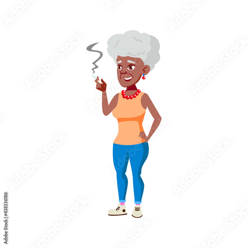 aged african woman smoking on backyard cartoon vector. aged african woman smoking on backyard character. isolated flat cartoon illustration