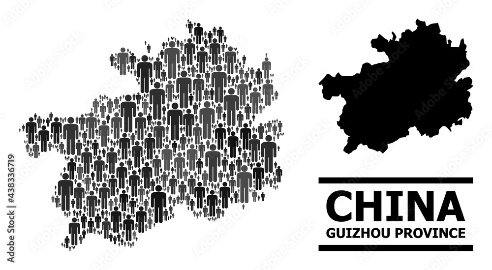 Obraz premium Map of Guizhou Province for politics posters. Vector population abstraction. Composition map of Guizhou Province made of population items. Demographic scheme in dark gray color shades.