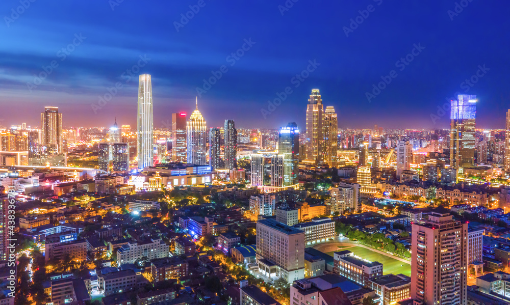 Aerial photography of Tianjin city building skyline night view
